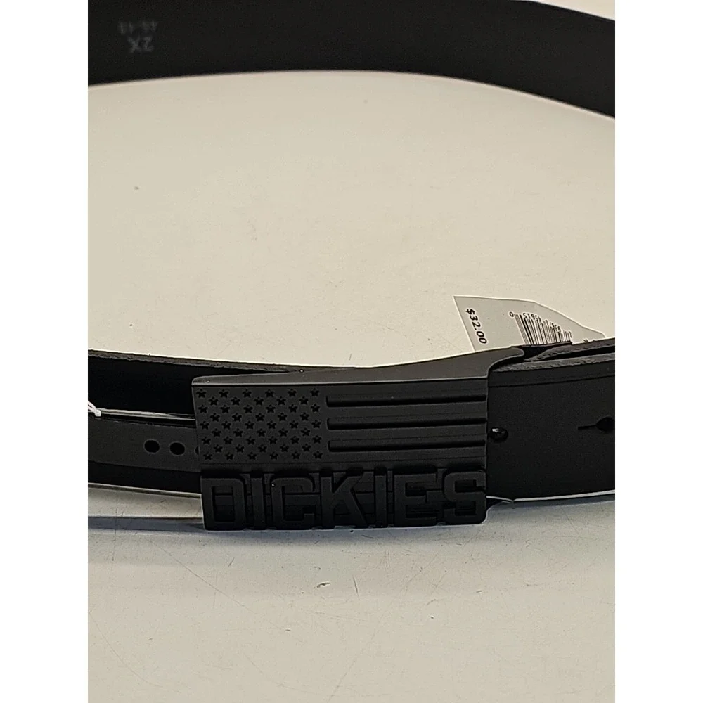 Dickies Men's Black Leather Belt 2X 46-48 Flag Buckle New